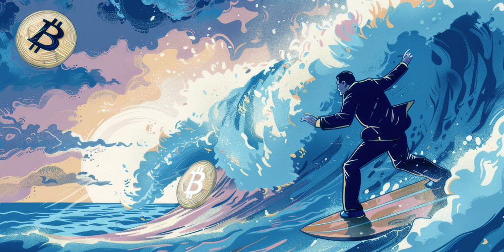 Bitcoins und Surfer reiten eine Welle